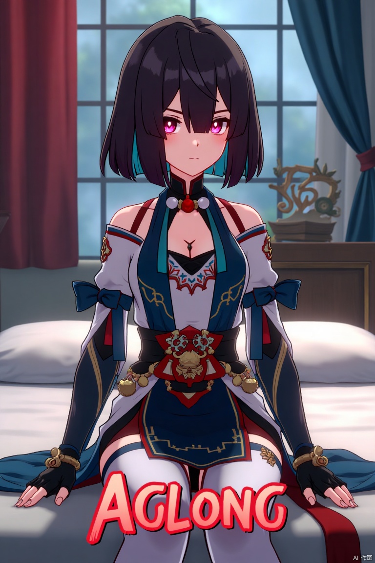 Movie poster design featuring xueyi, 1girl, solo, breasts, looking at viewer, blush, short hair, bangs, black hair, red eyes, thighhighs, gloves, dress, bare shoulders, sitting, closed mouth, blue hair, pantyhose, multicolored hair, black gloves, indoors, fingerless gloves, two-tone hair, white thighhighs, bed, feet out of frame, bed sheet, on bed, tassel, knees together feet apart, colored inner hair. The scene is framed with dramatic lighting, centered composition, and a cinematic atmosphere. Movie poster style with three-dimensional text AGlong in the middle below, featuring a dynamic composition, cinematic lighting, and vibrant colors.