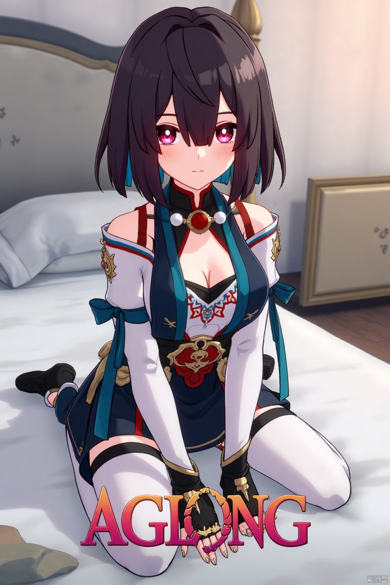 1girl, solo, xueyi, breasts, looking at viewer, blush, short hair, bangs, black hair, red eyes, thighhighs, gloves, dress, bare shoulders, sitting, closed mouth, blue hair, pantyhose, multicolored hair, black gloves, indoors, fingerless gloves, two-tone hair, white thighhighs, bed, feet out of frame, bed sheet, on bed, tassel, knees together feet apart, colored inner hair. Mid-shot framing with soft lighting, composition centered on the girl, artistic pose on a bed with a sheet. Movie poster style with three-dimensional text AGlong in the middle below, poster theme integrated.