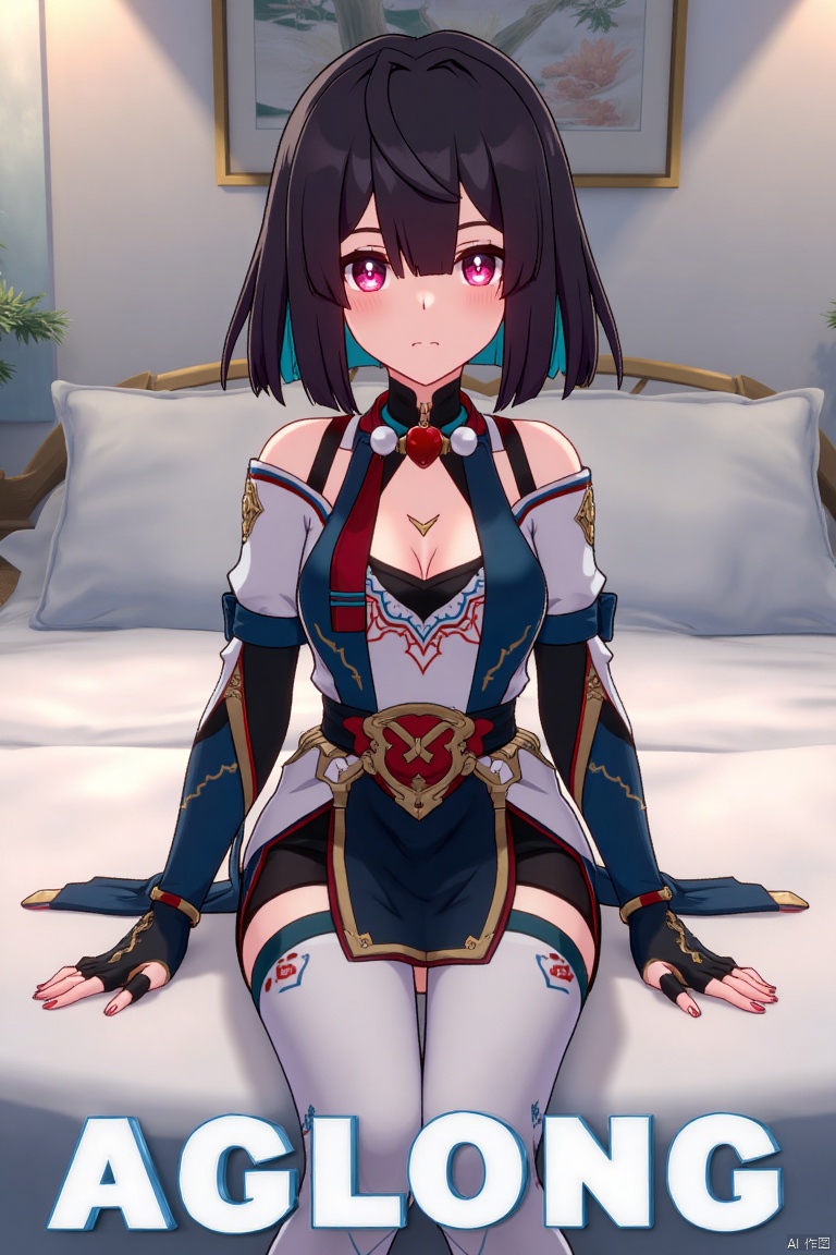 1girl, solo, xueyi, breasts, looking at viewer, blush, short hair, bangs, black hair, red eyes, thighhighs, gloves, dress, bare shoulders, sitting, closed mouth, blue hair, pantyhose, multicolored hair, black gloves, indoors, fingerless gloves, two-tone hair, white thighhighs, bed, feet out of frame, bed sheet, on bed, tassel, knees together feet apart, colored inner hair. Mid-shot framing with soft lighting, composition centered on the girl, artistic pose on a bed with a sheet. Movie poster style with three-dimensional text AGlong in the middle below, poster theme integrated.