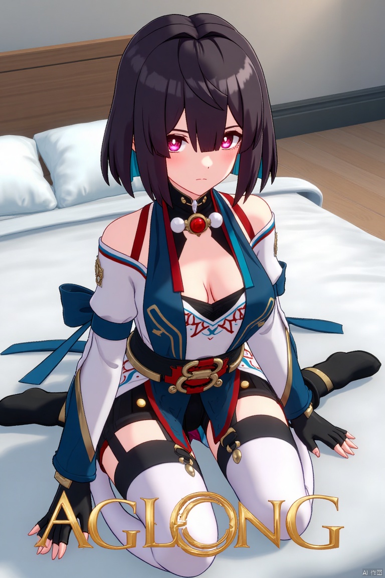 1girl, solo, xueyi, breasts, looking at viewer, blush, short hair, bangs, black hair, red eyes, thighhighs, gloves, dress, bare shoulders, sitting, closed mouth, blue hair, pantyhose, multicolored hair, black gloves, indoors, fingerless gloves, two-tone hair, white thighhighs, bed, feet out of frame, bed sheet, on bed, tassel, knees together feet apart, colored inner hair. Mid-shot framing with soft lighting, composition centered on the girl, artistic pose on a bed with a sheet. Movie poster style with three-dimensional text AGlong in the middle below, poster theme integrated.