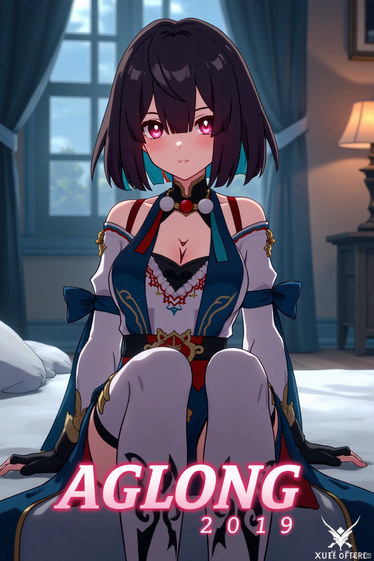 Movie poster design featuring xueyi, 1girl, solo, breasts, looking at viewer, blush, short hair, bangs, black hair, red eyes, thighhighs, gloves, dress, bare shoulders, sitting, closed mouth, blue hair, pantyhose, multicolored hair, black gloves, indoors, fingerless gloves, two-tone hair, white thighhighs, bed, feet out of frame, bed sheet, on bed, tassel, knees together feet apart, colored inner hair. The scene is framed with dramatic lighting, centered composition, and a cinematic atmosphere. Movie poster style with three-dimensional text AGlong in the middle below, featuring a dynamic composition, cinematic lighting, and vibrant colors.