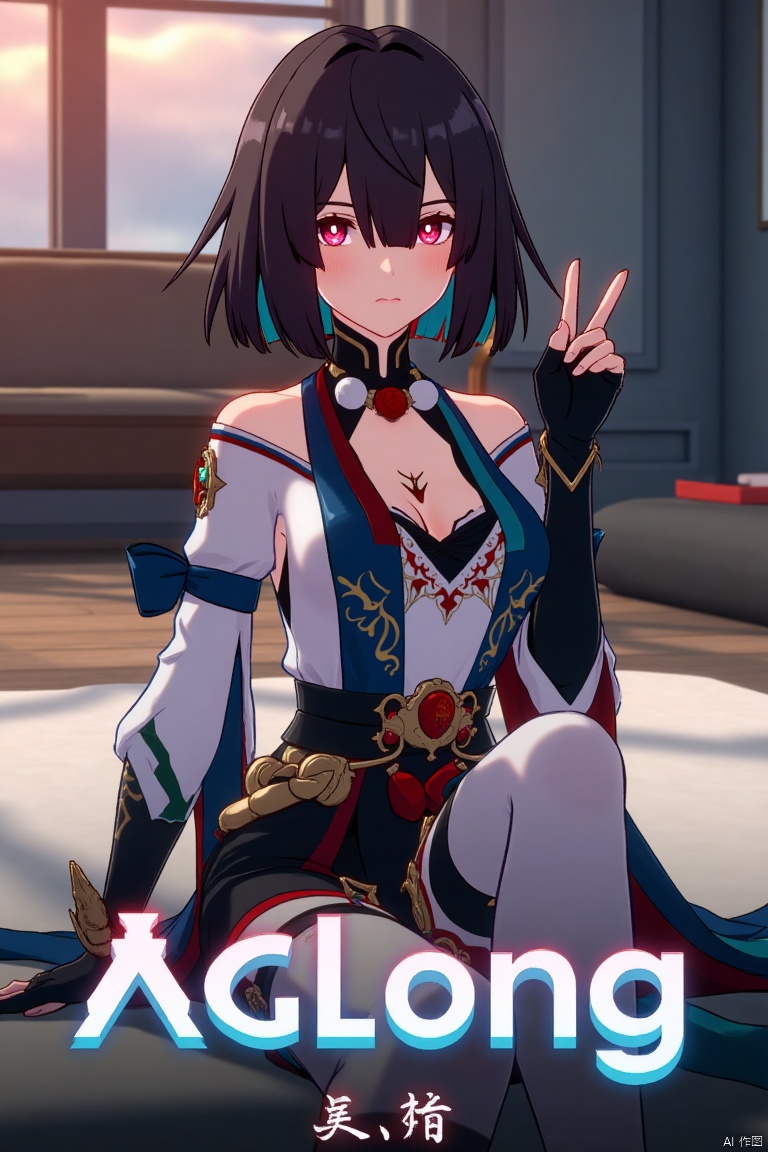 Movie poster design featuring xueyi, 1girl, solo, breasts, looking at viewer, blush, short hair, bangs, black hair, red eyes, thighhighs, gloves, dress, bare shoulders, sitting, closed mouth, blue hair, pantyhose, multicolored hair, black gloves, indoors, fingerless gloves, two-tone hair, white thighhighs, bed, feet out of frame, bed sheet, on bed, tassel, knees together feet apart, colored inner hair. The scene is framed with dramatic lighting, centered composition, and a cinematic atmosphere. Movie poster style with three-dimensional text AGlong in the middle below, featuring a dynamic composition, cinematic lighting, and vibrant colors.