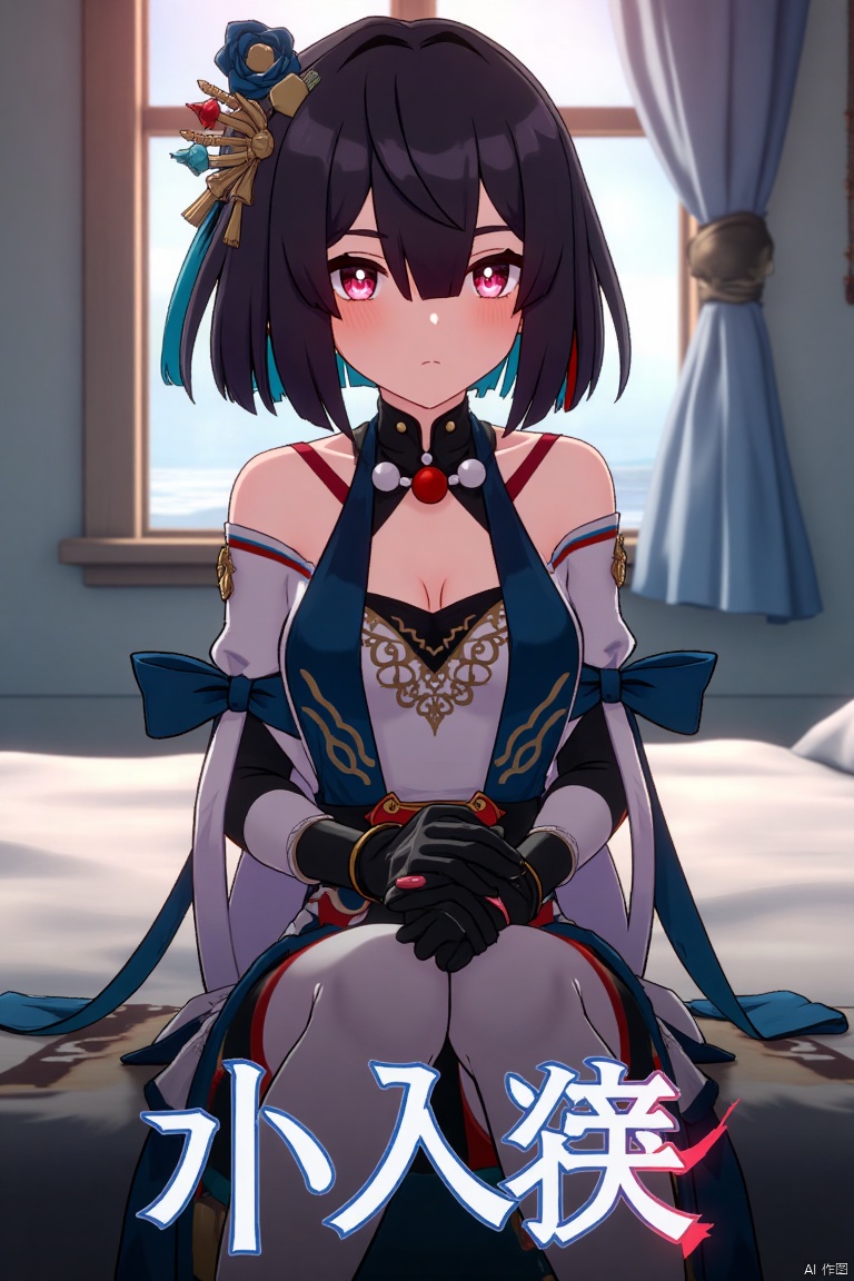Movie poster design featuring xueyi, 1girl, solo, breasts, looking at viewer, blush, short hair, bangs, black hair, red eyes, thighhighs, gloves, dress, bare shoulders, sitting, closed mouth, blue hair, pantyhose, multicolored hair, black gloves, indoors, fingerless gloves, two-tone hair, white thighhighs, bed, feet out of frame, bed sheet, on bed, tassel, knees together feet apart, colored inner hair. The scene is framed with dramatic lighting, centered composition, and a cinematic atmosphere. Movie poster style with three-dimensional text AGlong in the middle below, featuring a dynamic composition, cinematic lighting, and vibrant colors.