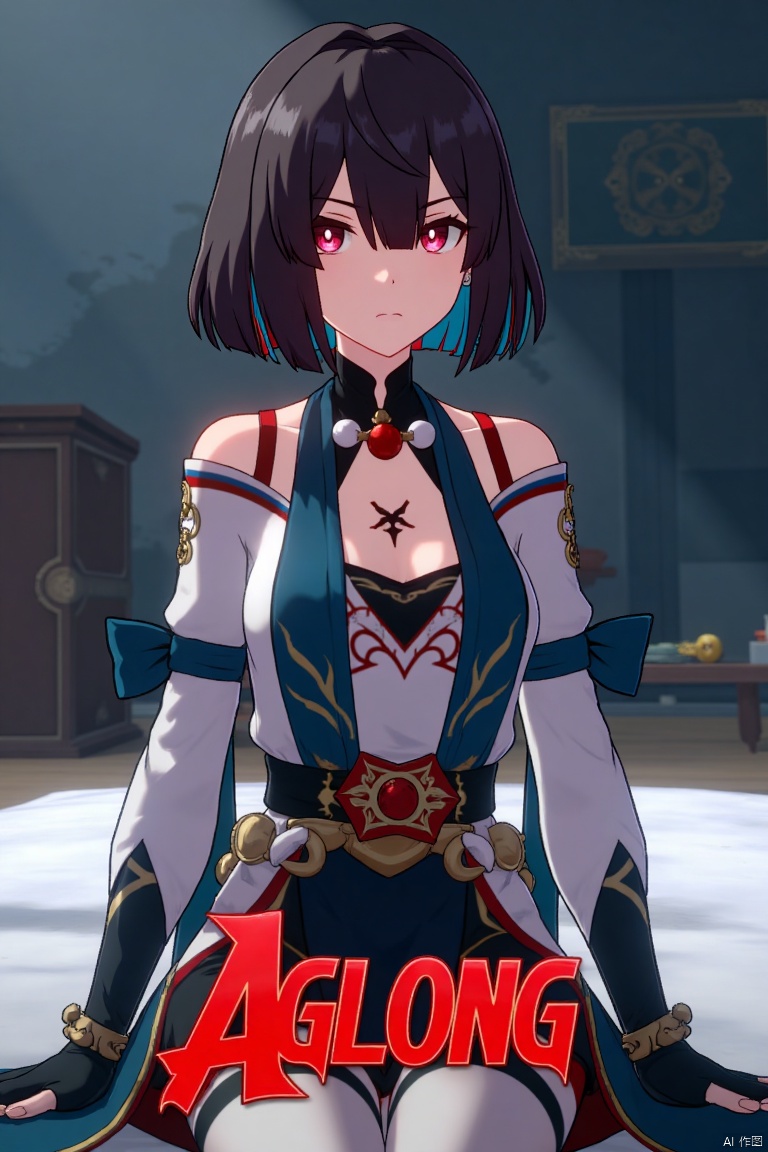 Movie poster design featuring xueyi, 1girl, solo, breasts, looking at viewer, blush, short hair, bangs, black hair, red eyes, thighhighs, gloves, dress, bare shoulders, sitting, closed mouth, blue hair, pantyhose, multicolored hair, black gloves, indoors, fingerless gloves, two-tone hair, white thighhighs, bed, feet out of frame, bed sheet, on bed, tassel, knees together feet apart, colored inner hair. The scene is framed with dramatic lighting, centered composition, and a cinematic atmosphere. Movie poster style with three-dimensional text AGlong in the middle below, featuring a dynamic composition, cinematic lighting, and vibrant colors.