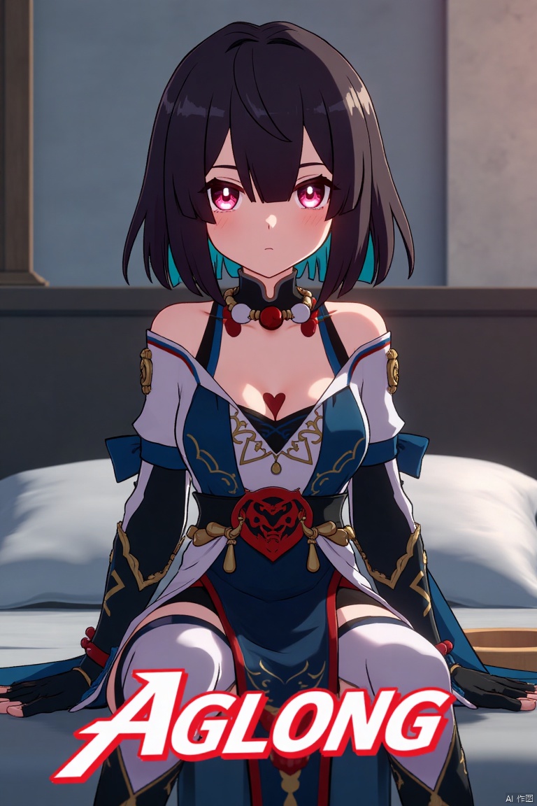Movie poster design featuring xueyi, 1girl, solo, breasts, looking at viewer, blush, short hair, bangs, black hair, red eyes, thighhighs, gloves, dress, bare shoulders, sitting, closed mouth, blue hair, pantyhose, multicolored hair, black gloves, indoors, fingerless gloves, two-tone hair, white thighhighs, bed, feet out of frame, bed sheet, on bed, tassel, knees together feet apart, colored inner hair. The scene is framed with dramatic lighting, centered composition, and a cinematic atmosphere. Movie poster style with three-dimensional text AGlong in the middle below, featuring a dynamic composition, cinematic lighting, and vibrant colors.