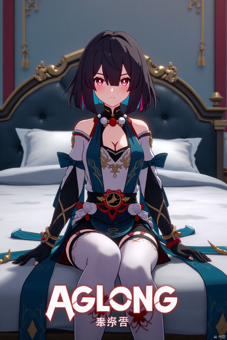 Movie poster design featuring xueyi, 1girl, solo, breasts, looking at viewer, blush, short hair, bangs, black hair, red eyes, thighhighs, gloves, dress, bare shoulders, sitting, closed mouth, blue hair, pantyhose, multicolored hair, black gloves, indoors, fingerless gloves, two-tone hair, white thighhighs, bed, feet out of frame, bed sheet, on bed, tassel, knees together feet apart, colored inner hair. The scene is framed with dramatic lighting, centered composition, and a cinematic atmosphere. Movie poster style with three-dimensional text AGlong in the middle below, featuring a dynamic composition, cinematic lighting, and vibrant colors.