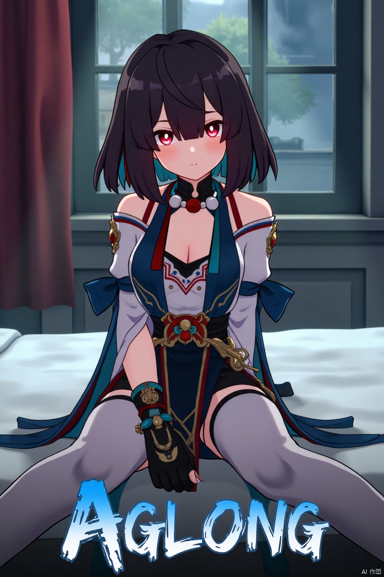 Movie poster design featuring xueyi, 1girl, solo, breasts, looking at viewer, blush, short hair, bangs, black hair, red eyes, thighhighs, gloves, dress, bare shoulders, sitting, closed mouth, blue hair, pantyhose, multicolored hair, black gloves, indoors, fingerless gloves, two-tone hair, white thighhighs, bed, feet out of frame, bed sheet, on bed, tassel, knees together feet apart, colored inner hair. The scene is framed with dramatic lighting, centered composition, and a cinematic atmosphere. The text theme AGlong appears at the bottom of the screen in artistic, three-dimensional font, designed for movie poster design, enhancing the visual impact.