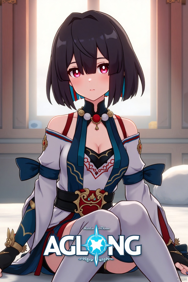 1girl, solo, xueyi, breasts, looking at viewer, blush, short hair, bangs, black hair, red eyes, thighhighs, gloves, dress, bare shoulders, sitting, closed mouth, blue hair, pantyhose, multicolored hair, black gloves, indoors, fingerless gloves, two-tone hair, white thighhighs, bed, feet out of frame, bed sheet, on bed, tassel, knees together feet apart, colored inner hair. Framed mid-shot with soft lighting, composition centered on the girl, artistic pose on a bed with a sheet. The text theme AGlong appears at the bottom of the screen in artistic, three-dimensional font, designed for posters and movie poster design.