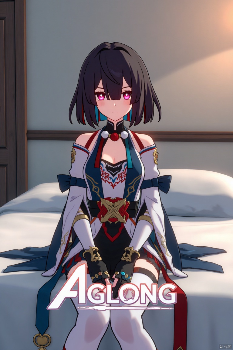 1girl, solo, xueyi, breasts, looking at viewer, blush, short hair, bangs, black hair, red eyes, thighhighs, gloves, dress, bare shoulders, sitting, closed mouth, blue hair, pantyhose, multicolored hair, black gloves, indoors, fingerless gloves, two-tone hair, white thighhighs, bed, feet out of frame, bed sheet, on bed, tassel, knees together feet apart, colored inner hair. Framed mid-shot with soft lighting, composition centered on the girl, artistic pose on a bed with a sheet. The text theme AGlong appears at the bottom of the screen in artistic, three-dimensional font, designed for posters and movie poster design.