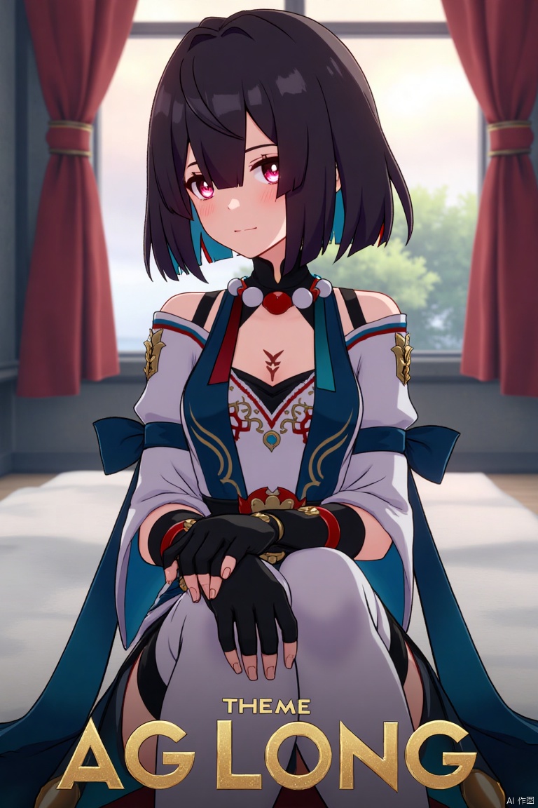 Movie poster design featuring xueyi, 1girl, solo, breasts, looking at viewer, blush, short hair, bangs, black hair, red eyes, thighhighs, gloves, dress, bare shoulders, sitting, closed mouth, blue hair, pantyhose, multicolored hair, black gloves, indoors, fingerless gloves, two-tone hair, white thighhighs, bed, feet out of frame, bed sheet, on bed, tassel, knees together feet apart, colored inner hair. The scene is framed with dramatic lighting, centered composition, and a cinematic atmosphere. The text theme AGlong appears at the bottom of the screen in artistic, three-dimensional font, designed for movie poster design, enhancing the visual impact.