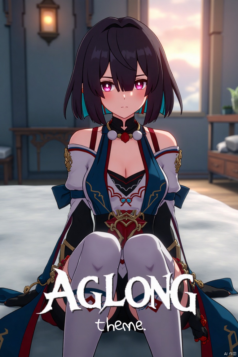 Movie poster design featuring xueyi, 1girl, solo, breasts, looking at viewer, blush, short hair, bangs, black hair, red eyes, thighhighs, gloves, dress, bare shoulders, sitting, closed mouth, blue hair, pantyhose, multicolored hair, black gloves, indoors, fingerless gloves, two-tone hair, white thighhighs, bed, feet out of frame, bed sheet, on bed, tassel, knees together feet apart, colored inner hair. The scene is framed with dramatic lighting, centered composition, and a cinematic atmosphere. The text theme AGlong appears at the bottom of the screen in artistic, three-dimensional font, designed for movie poster design, enhancing the visual impact.