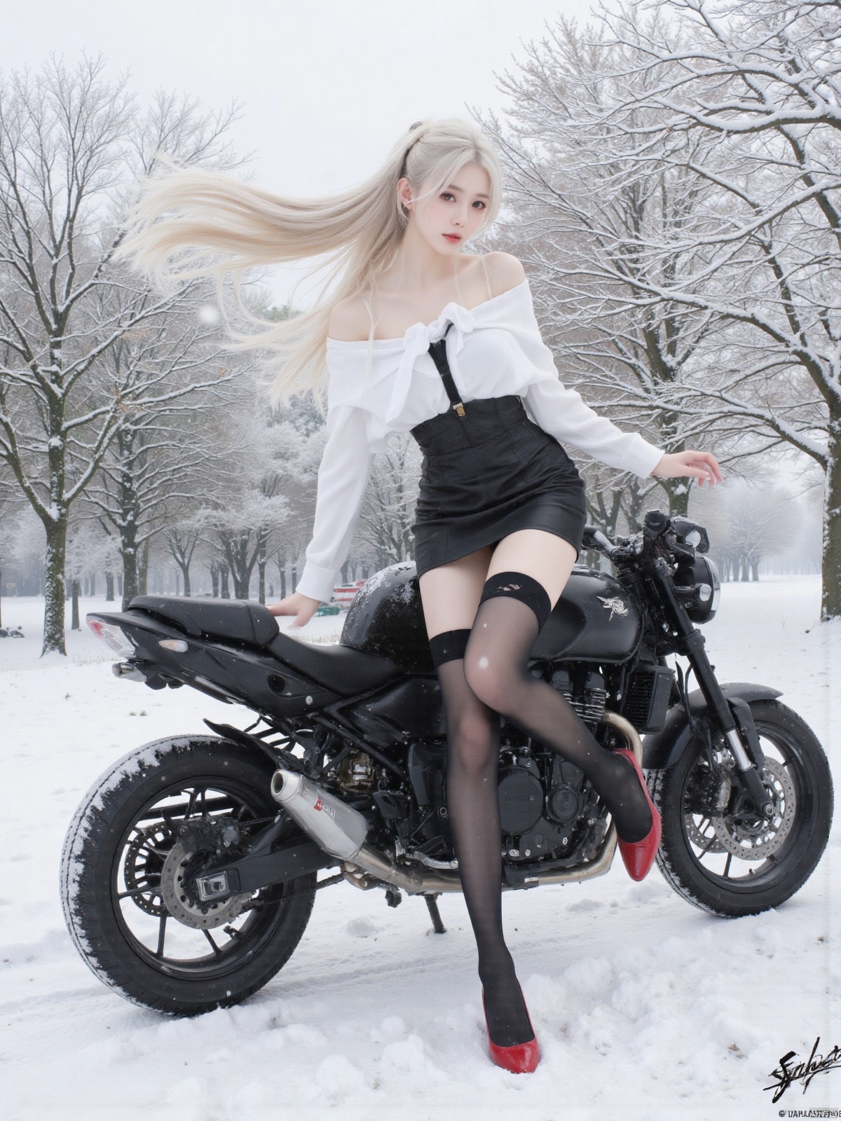 Realistic photos, 1girl, long flowing hair, fair skin, big breasts, off-shoulder shirt, short leather skirt, suspender stockings, long legs, red high heels, full body, riding motorcycle, in the snow, falling snow, snowing,