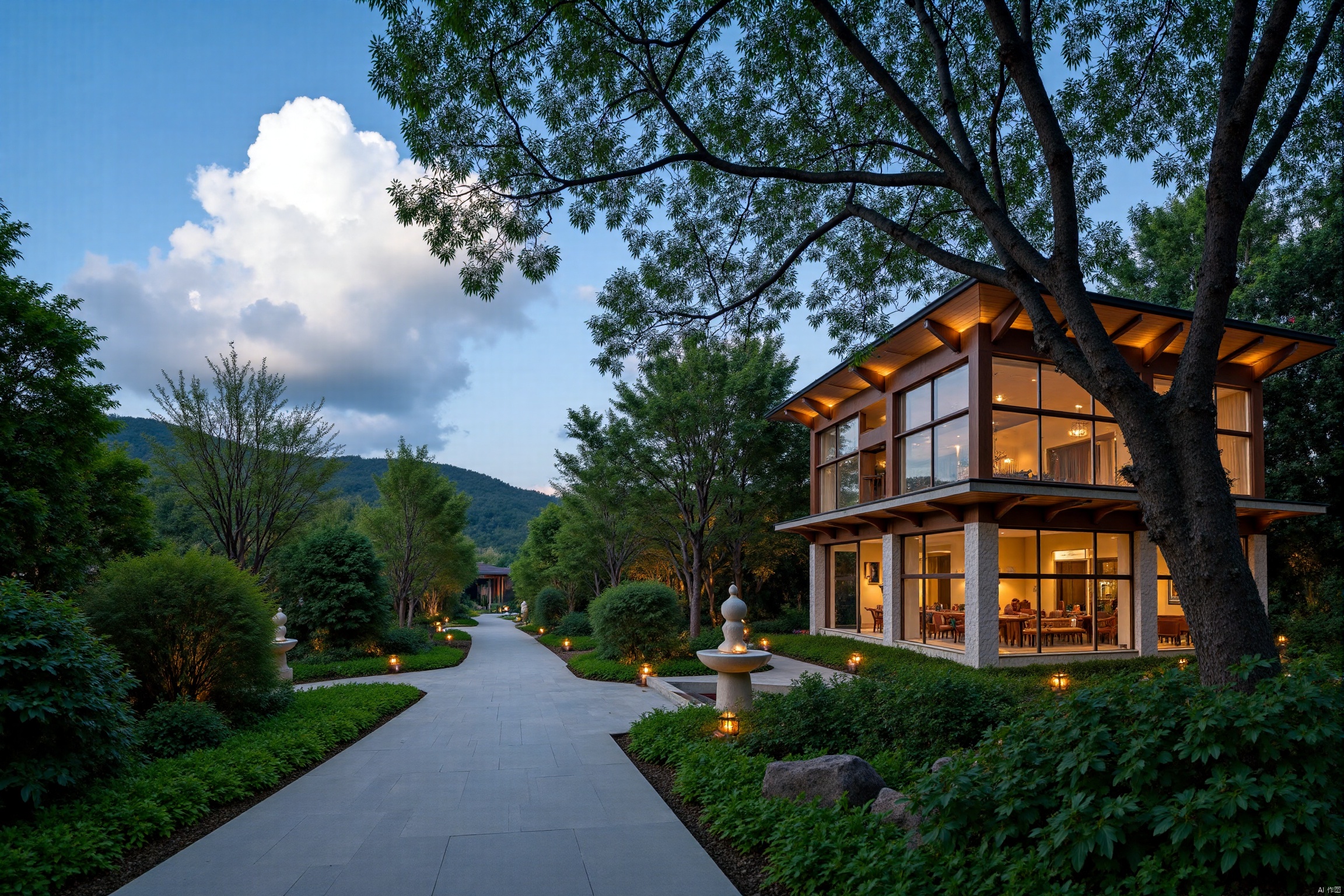 A serene scene unfolds: a winding road stretches towards a charming house nestled beneath a majestic tree's sprawling canopy. The building's facade gleams in the warm light of a blue sky dotted with puffy clouds, as if infused with an essence of serenity. Framed by lush foliage, the architectural scenery exudes a sense of peace and tranquility.