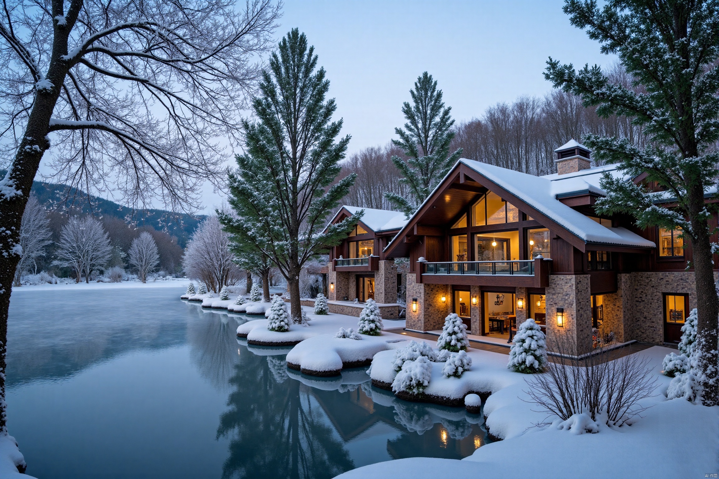 A serene winter wonderland scene: a majestic evergreen tree stands tall and proud beside the frozen surface of a tranquil lake, its branches gently swaying in the crisp morning air. A charming rustic cabin, adorned with snow-dusted roofs and twinkling window lights, nestles cozily nearby, emitting a warm glow that contrasts beautifully with the icy blues and whites of the natural surroundings.