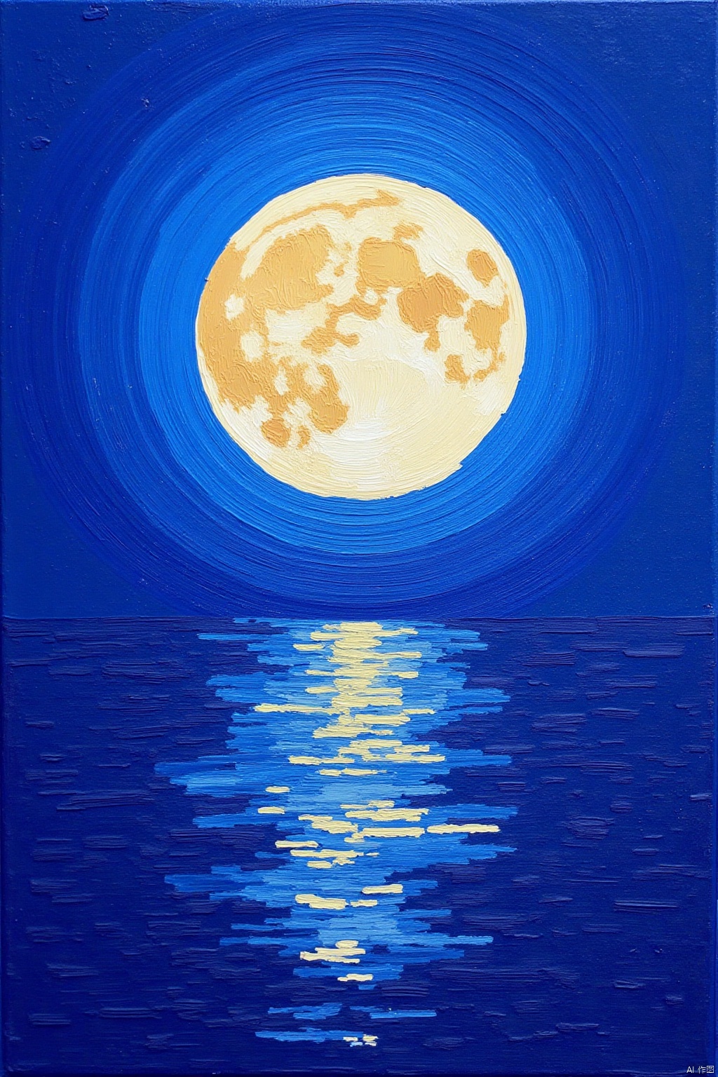 impasto oil painting. a full moon can be seen glowing against a dark blue background. The moon's reflection is visible in the middle of the image, adding a touch of depth to the composition. The surface of the moon is covered in shadows, creating a striking contrast to the dark blue of the background.     