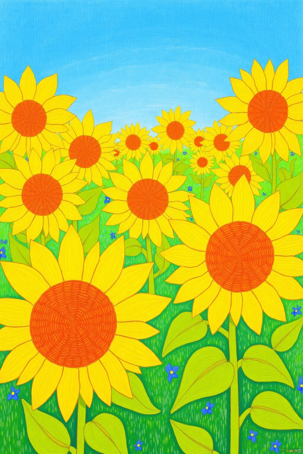 Draw a bright sunflower field using vibrant yellow and orange oil pastels. Use bold strokes to represent petals and leaves, with blue and green in the background to create depth,oil painting