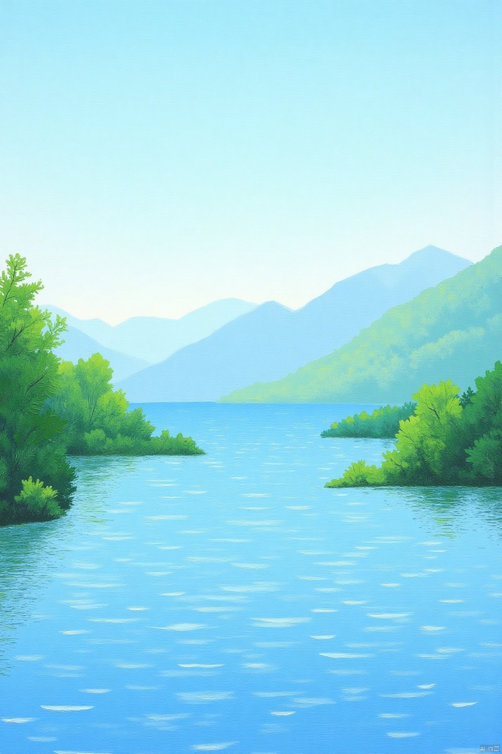 oil painting,Draw a serene lake landscape using soft blue and green oil pastels. Use horizontal strokes to depict the calm water surface, with trees and distant mountains dotting the surroundings
