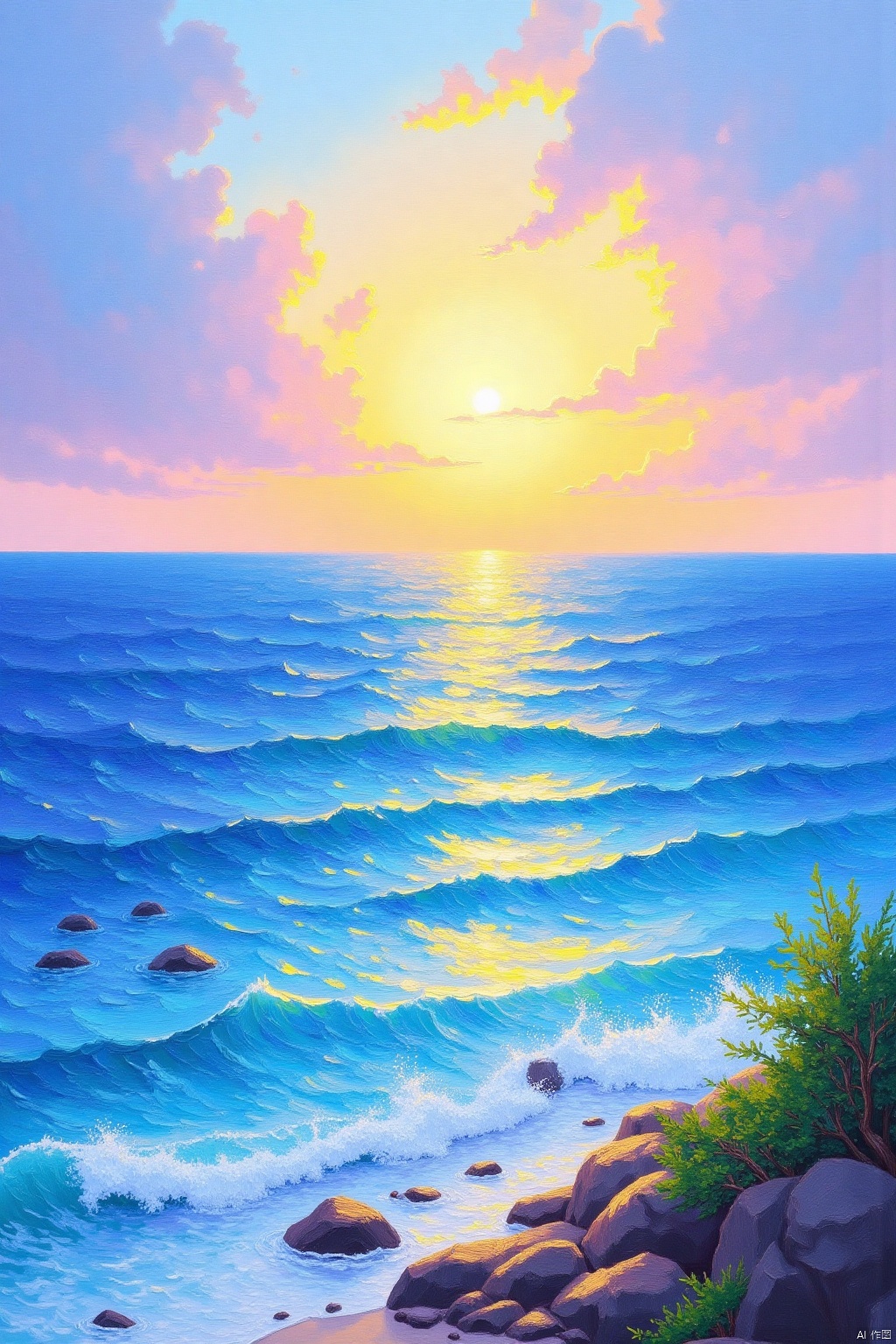 d4n01lstyle, beautiful scenery of oceans, godrays, thick brushstrokes,oil painting