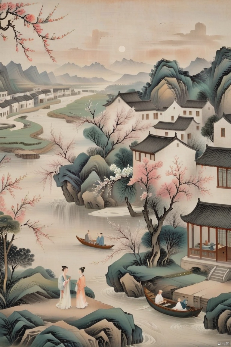 National style landscape painting, a winding river with peach blossoms blooming on both sides, boats on the river surface, and figures wearing long robes on the riverbank, bidding farewell to those who are wearing them. Ultra high definition, antique style, ultra-high quality.,