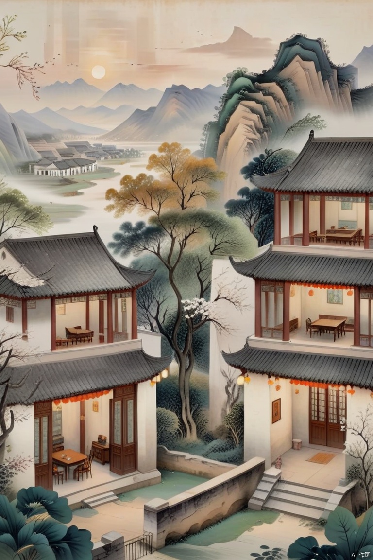 National style, nearby is an ancient Chinese building and courtyard, distant mountains, fields, trees, scenery, 8k, a masterpiece by a master, with added details and enhanced clarity,