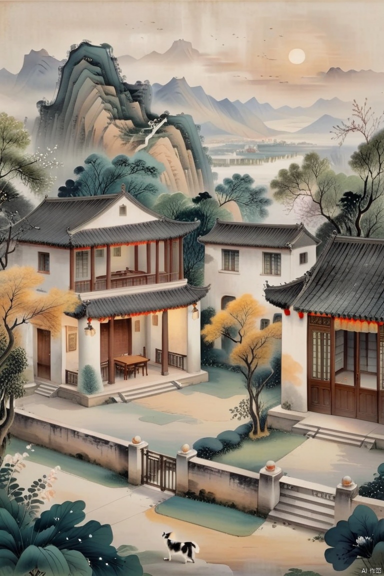 National style, nearby is an ancient Chinese building and courtyard, distant mountains, fields, trees, scenery, 8k, a masterpiece by a master, with added details and enhanced clarity,