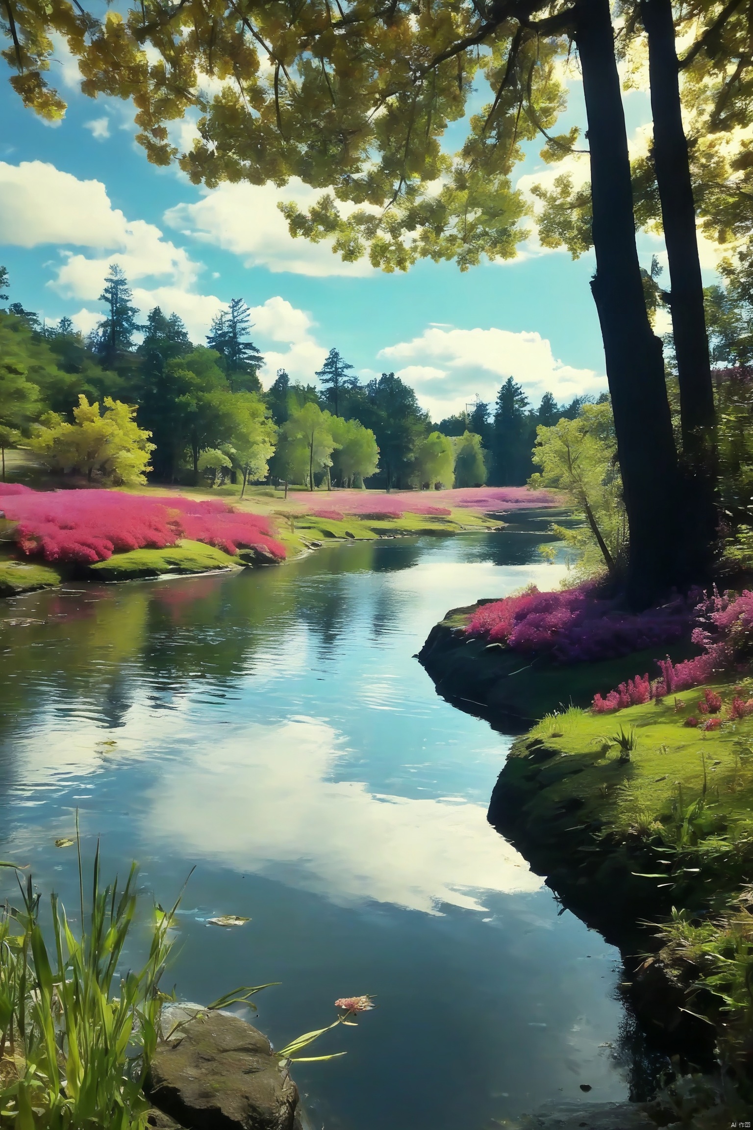 flower, outdoors, sky, day, water, tree, no humans, grass, plant, nature, scenery, forest, bush