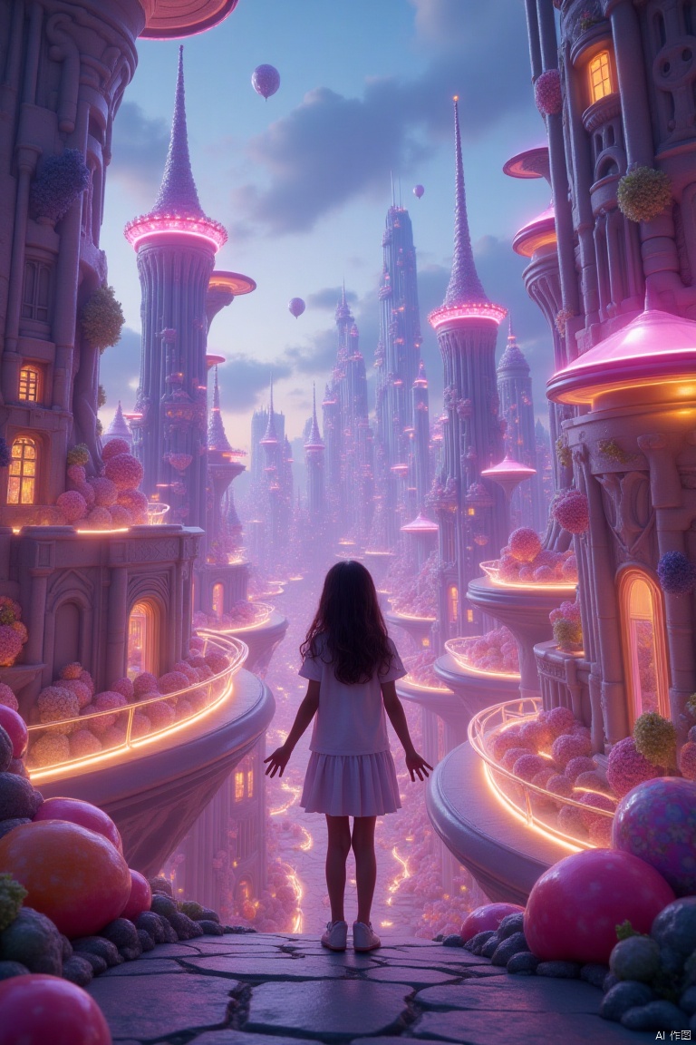 A young girl standing in the foreground, her silhouette framed against a fantastical cityscape at dusk. The city's architecture is surreal, with towering spires, glowing neon bridges, and floating platforms, all illuminated by a mix of warm and cool artificial lights. The girl is mid-pose, her arms slightly outstretched, gazing upward with a look of wonder. The scene is bathed in soft, magical lighting, with a dreamy, otherworldly atmosphere. The composition emphasizes the contrast between the girl's small figure and the vast, intricate city behind her, creating a sense of awe and mystery.