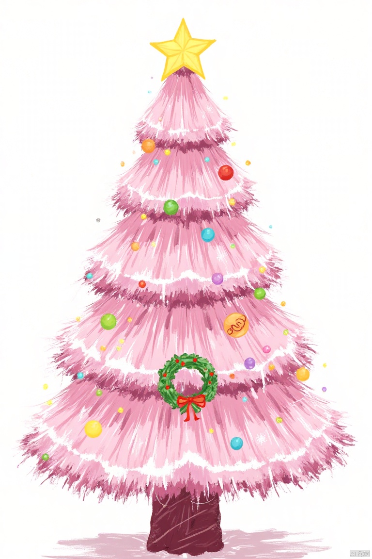 A detailed cartoon drawing of a pink Christmas tree with a yellow star at the top of it. The tree is adorned with a green wreath,Artistic illustration style