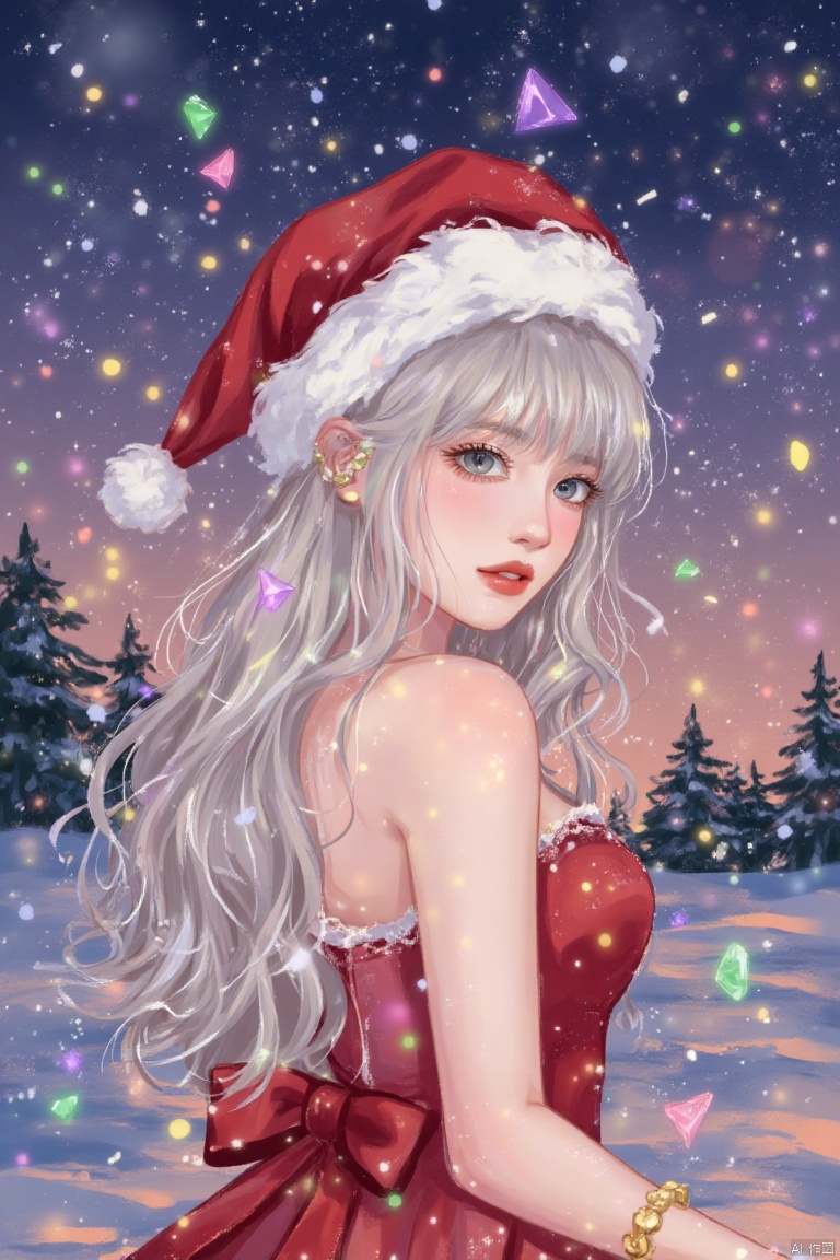 Best quality illustration of 1 girl with long grey hair and bare shoulders, wearing a red Christmas hat and red dress. Looking at viewer very close. With a golden bracelet and a veil. Surrounded by glowing gems, jewelry, light particles, embers, constellations. In a beautiful detailed sky and a detailed Snow Forest with Christmas trees. Snowflakes and floating sand.