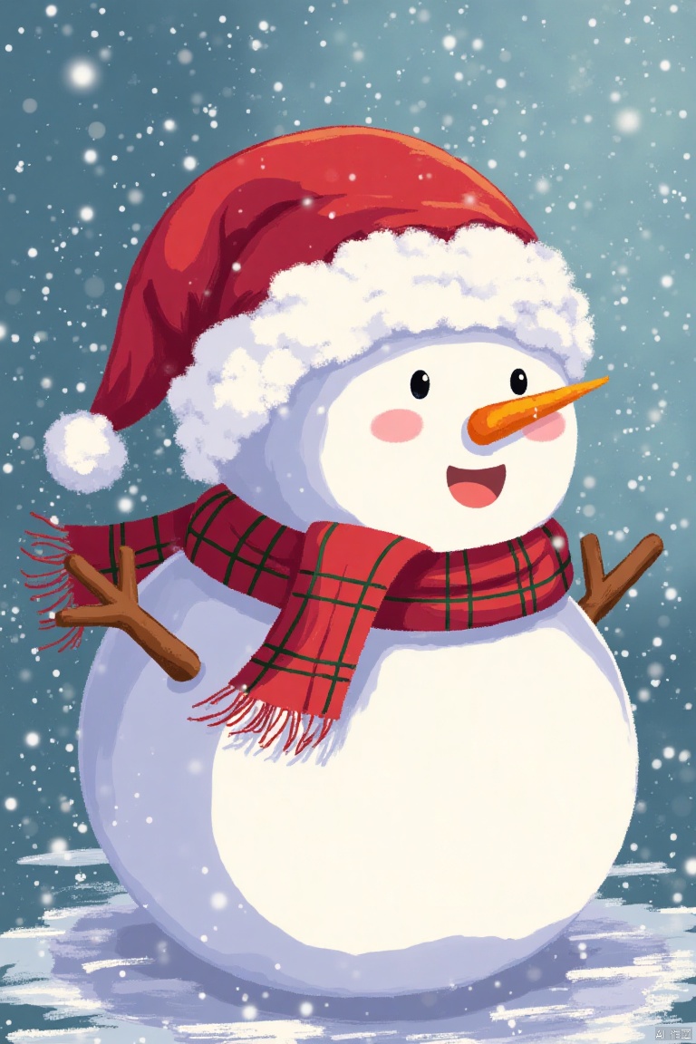 An animated snowman with a red Santa hat and a red and green plaid scarf.