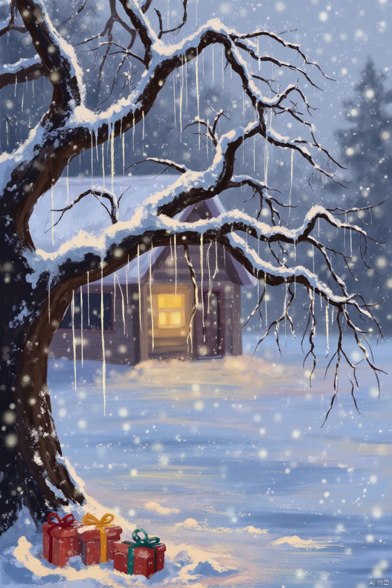 The branches of the tree are gracefully bent under the weight of the snow, each twig delicately outlined. Glistening icicles hang from the tips, refracting the soft ambient light. Beneath the tree, a scattering of colorfully wrapped presents peek out from the snowdrifts, their ribbons and bows adding a touch of festive charm. In the background, a faint glow of warm light from a nearby cabin seeps through the falling snowflakes, casting a gentle halo over the scene. The air is filled with a sense of stillness and the magic of Christmas.