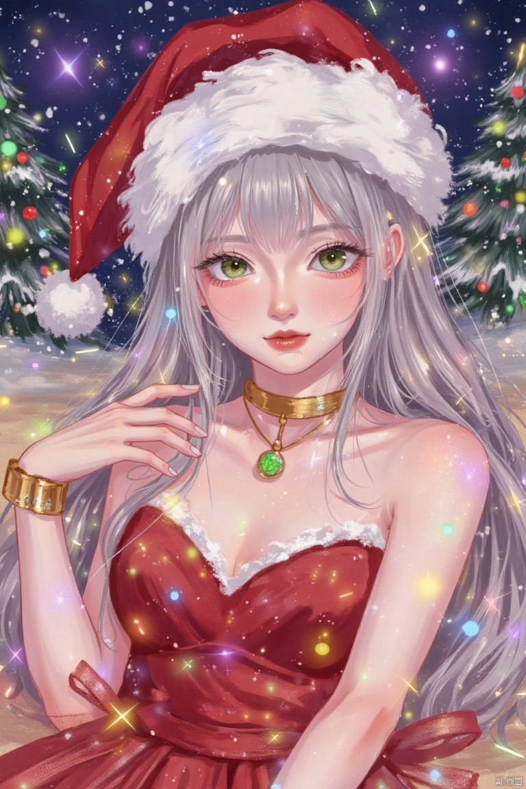 Best quality illustration of 1 girl with long grey hair and bare shoulders, wearing a red Christmas hat and red dress. Looking at viewer very close. With a golden bracelet and a veil. Surrounded by glowing gems, jewelry, light particles, embers, constellations. In a beautiful detailed sky and a detailed Snow Forest with Christmas trees. Snowflakes and floating sand.