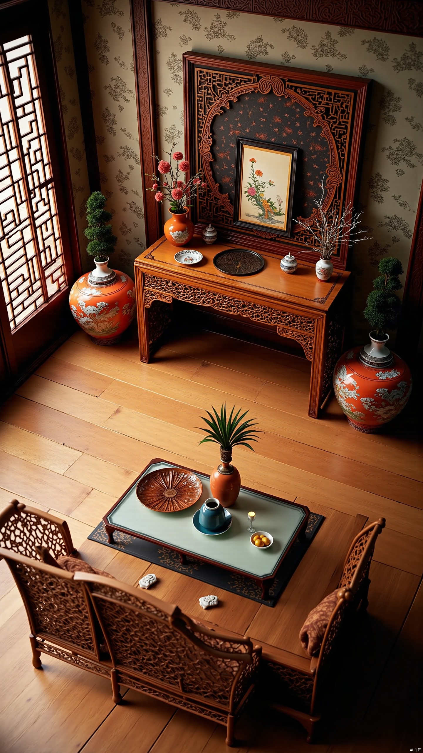 Captured from a high-angle perspective on a sunny day, a room is adorned with a wooden table, adorned with Asian decorations. The table is flanked by two large ceramic pots, each with a unique design, adding a touch of nature to the scene. The floor beneath the table is made of a light-colored wooden planks, creating a stark contrast to the wooden floor. The walls are adorned with an Asian pattern, adding depth to the overall composition. A large mirror, framed with a floral design, adds a pop of color to the room. To the left of the table, a large window with a lattice design is visible.,fj