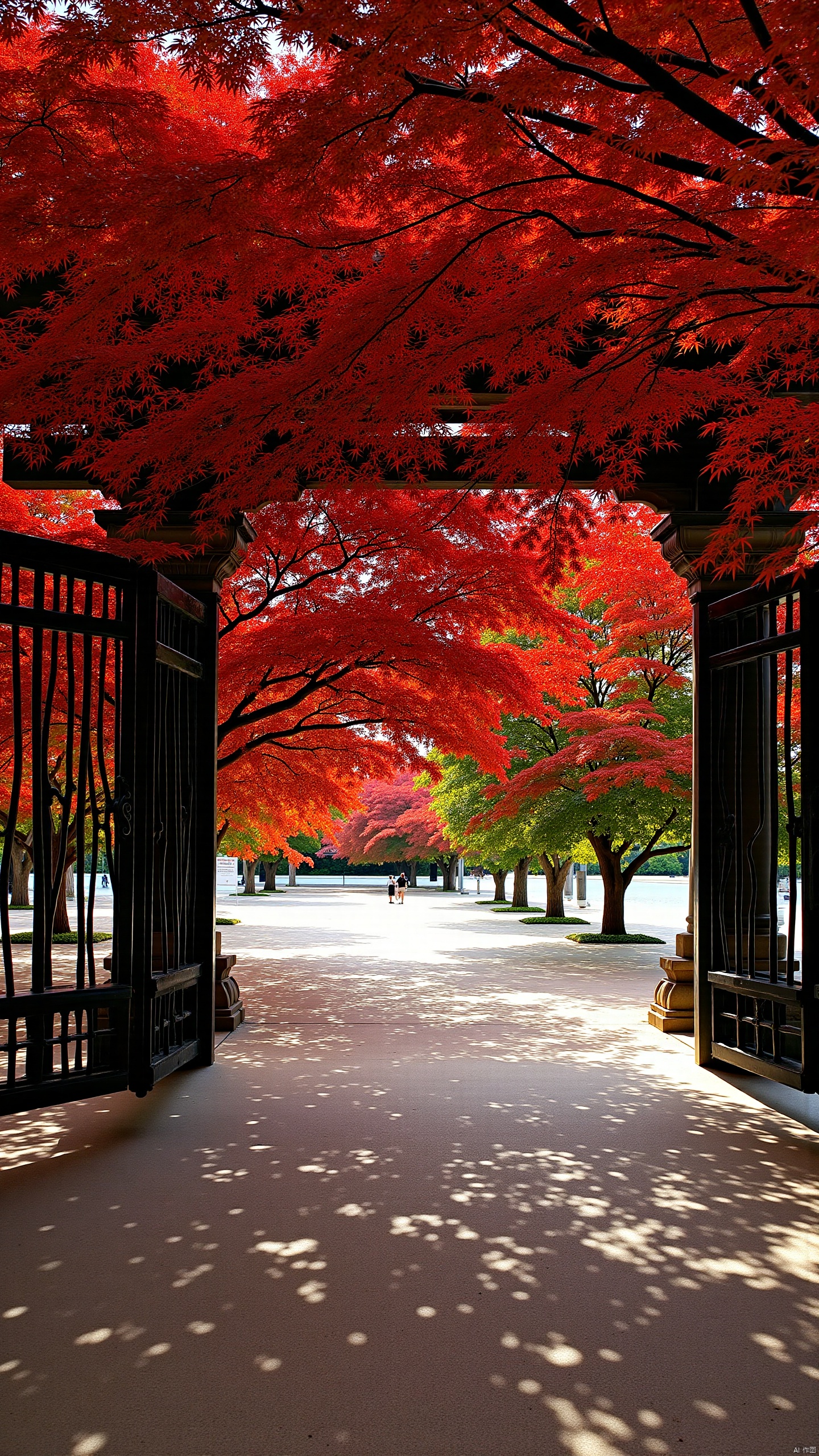 a vibrant orange tree stands out against the backdrop of a black gate. The gate casts a shadow on the white tile floor, adding a touch of contrast to the scene. The tree's leaves are a vibrant shade of red, adding depth to the composition. The water in front of the tree is calm, creating a peaceful peaceful and serenerene scene.