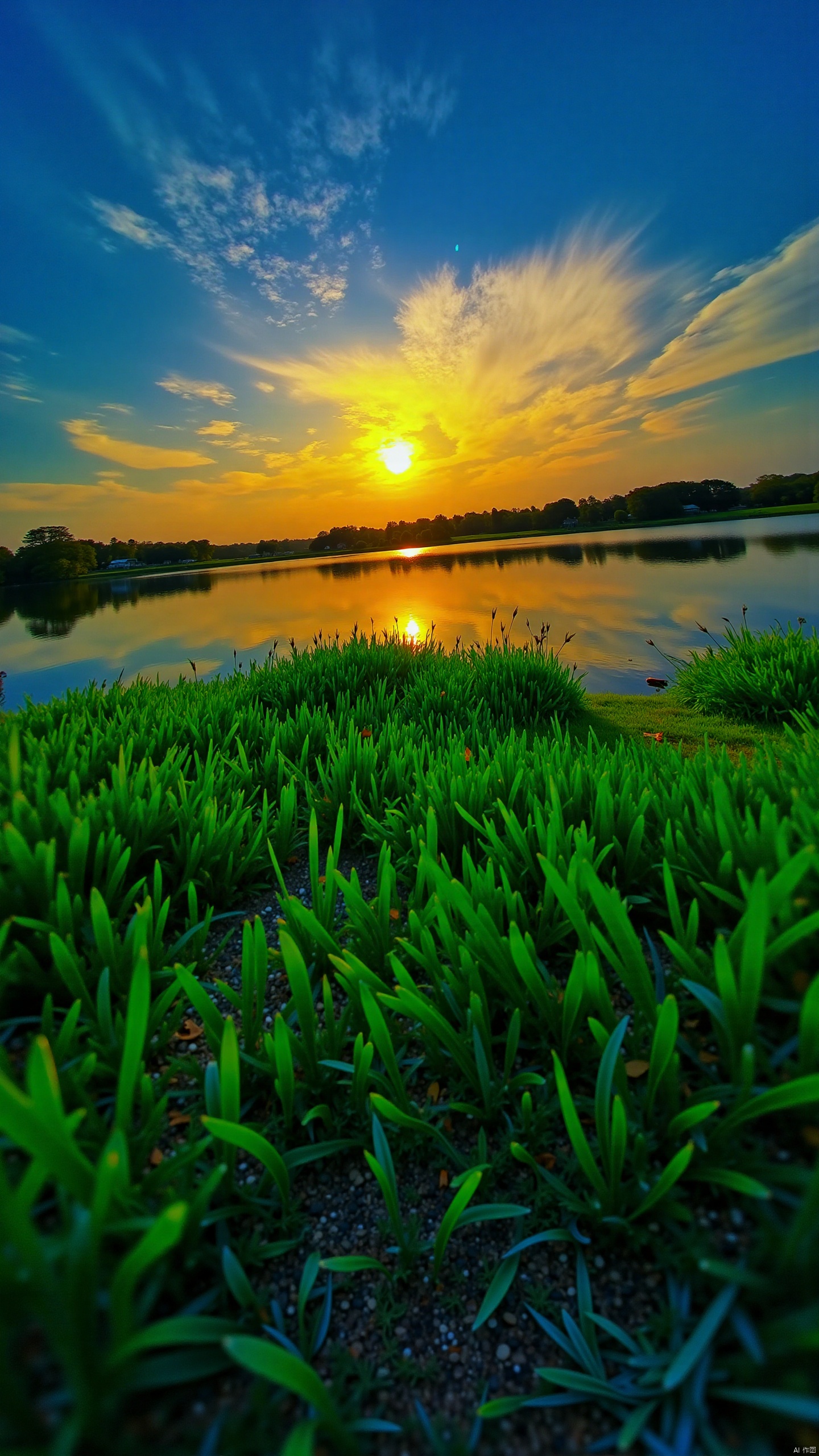 Captured at eye-level on a vibrant day, the sky is a deep blue, dotted with a few wispy clouds, adding a touch of color to the scene. The sun is setting, casting a golden yellow hue over the horizon. The water is reflecting the sky, creating a mirror-like effect on the surface of the water. The reflection of the sun's rays is reflecting off the water, adding depth to the overall composition. The grass in the foreground is a vibrant green, with a hint of yellow in the background.