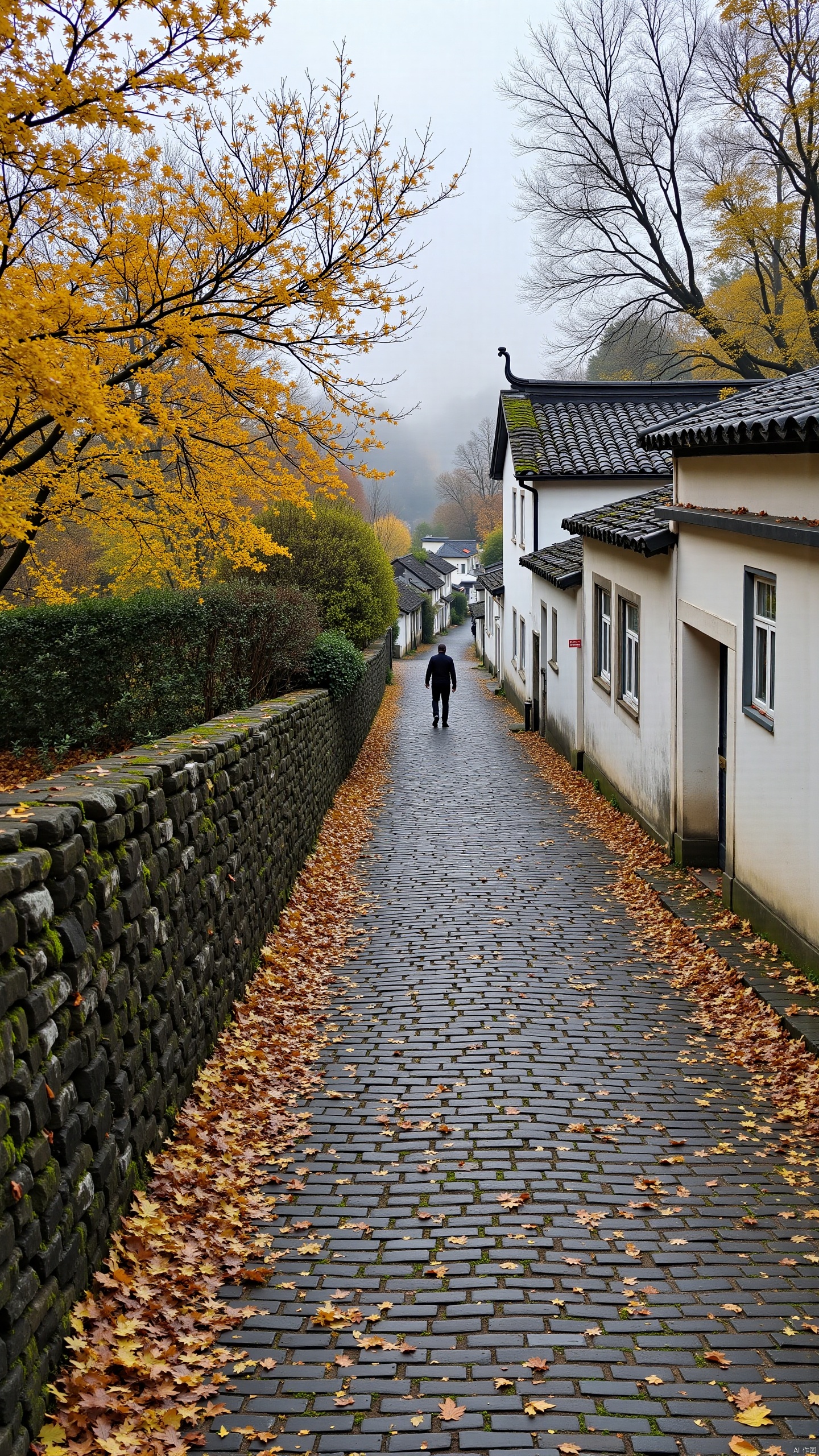 Captured at eye-level on a cloudy day, a narrow, cobblestone street is flanked by a stone wall on both sides. The street is adorned with yellow fallen leaves, adding a touch of autumn to the scene. To the right of the street is a row of white houses, their roofs are adorned with black tiles. A person in a black jacket and black pants is walking down the street. The sky is filled with fog, and the trees in the distance are bare.
