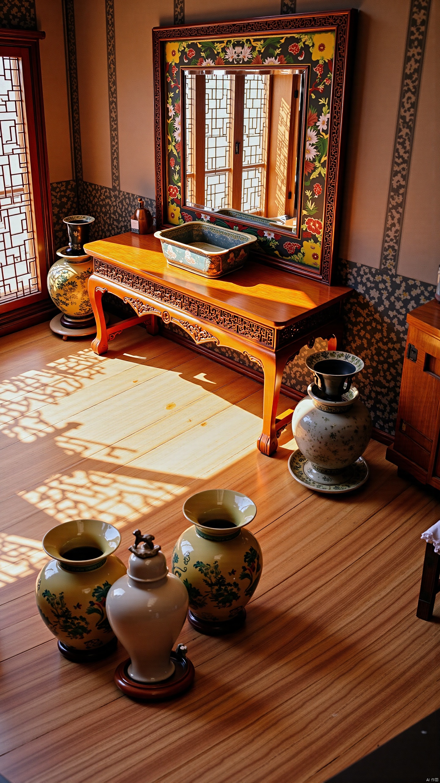 Captured from a high-angle perspective on a sunny day, a room is adorned with a wooden table, adorned with Asian decorations. The table is flanked by two large ceramic pots, each with a unique design, adding a touch of nature to the scene. The floor beneath the table is made of a light-colored wooden planks, creating a stark contrast to the wooden floor. The walls are adorned with an Asian pattern, adding depth to the overall composition. A large mirror, framed with a floral design, adds a pop of color to the room. To the left of the table, a large window with a lattice design is visible.,fj