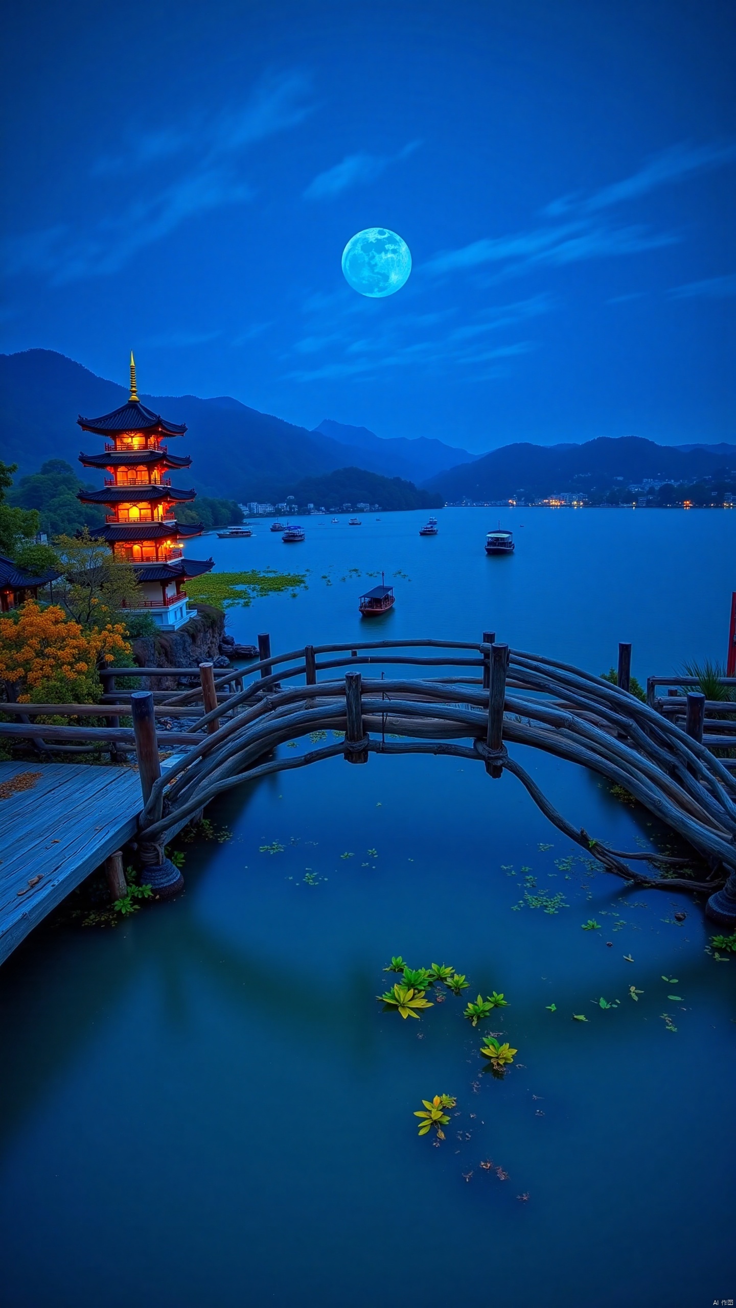 Captured at eye-level on a vibrant day, a full moon is seen in the middle of the frame. The moon's reflection is glowing in the lower right corner, adding a touch of color to the scene. To the left of the moon, a pagoda-like structure is seen, with a few boats sailing on the water. The scene is set against a backdrop of mountains, a body of water, and a bridge with a wooden walkway leading up to it. The sky is a deep blue, with white clouds streaming across it.