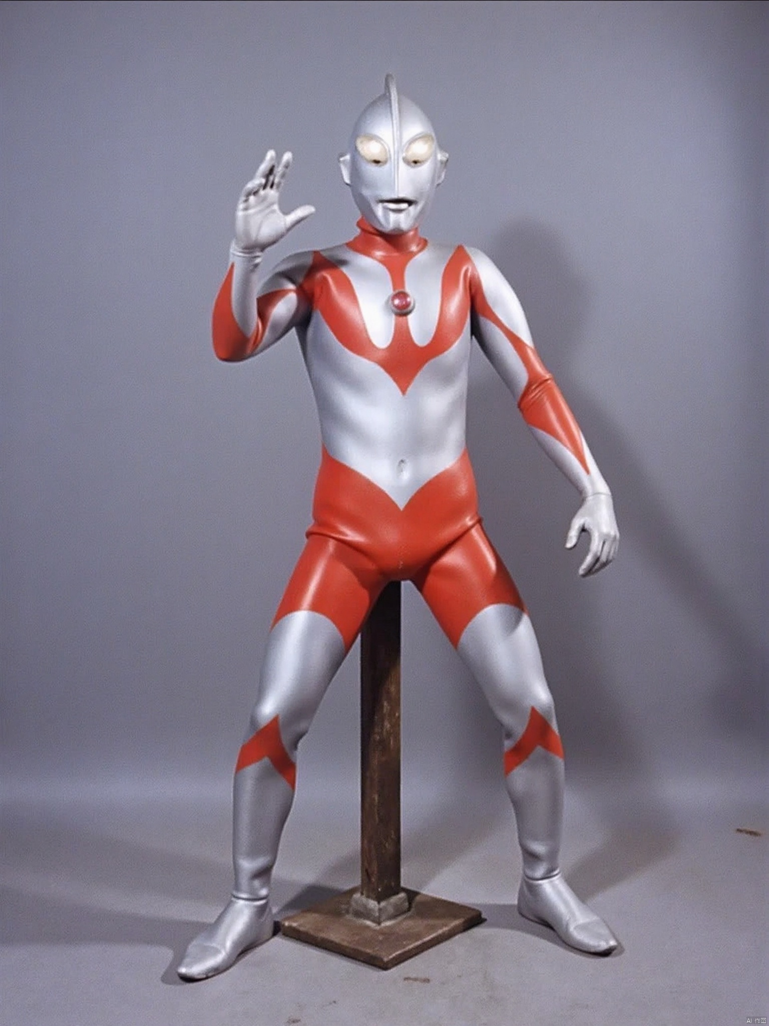 ultraman,silver bodysuit,silver gloves,legwear,gloves,boots,cover,mask,plugsuit,armor,bodysuit,red pattern on body,silver tight-fitting,silver footwear,helmet,leather suit,latex,tokusatsu,no humans,science fiction,silver head,hard mask,no smile,no eyes,no nose,solo,silver rubber bodysuit with red line