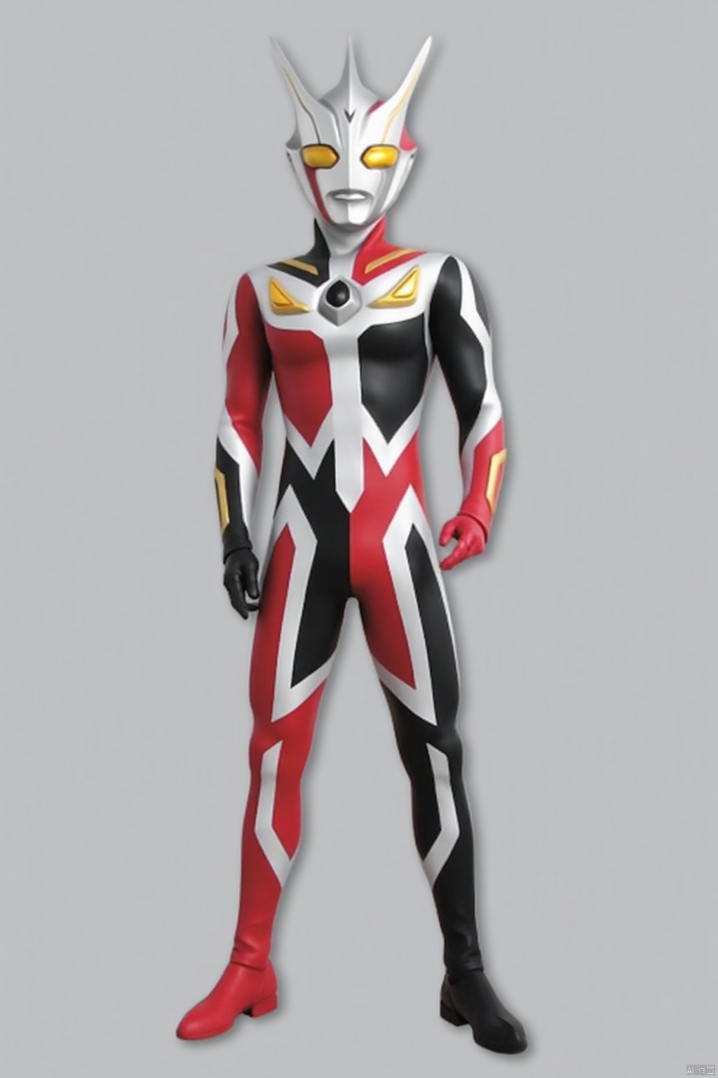 (grey background:1.2),(SOLO:1.4),outline,simple background,(((,standing,looking at viewer,arms at side))),ultraman,bodysuit,gloves,legwear,boots,cover,mask,plugsuit,armor,bodysuit,pattern on body,tight-fitting,helmet,leather suit,latex,tokusatsu,no humans,science fiction,hard mask,no smile,no eyes,no nose,solo,rubber bodysuit with line,alien,yellow_eyes