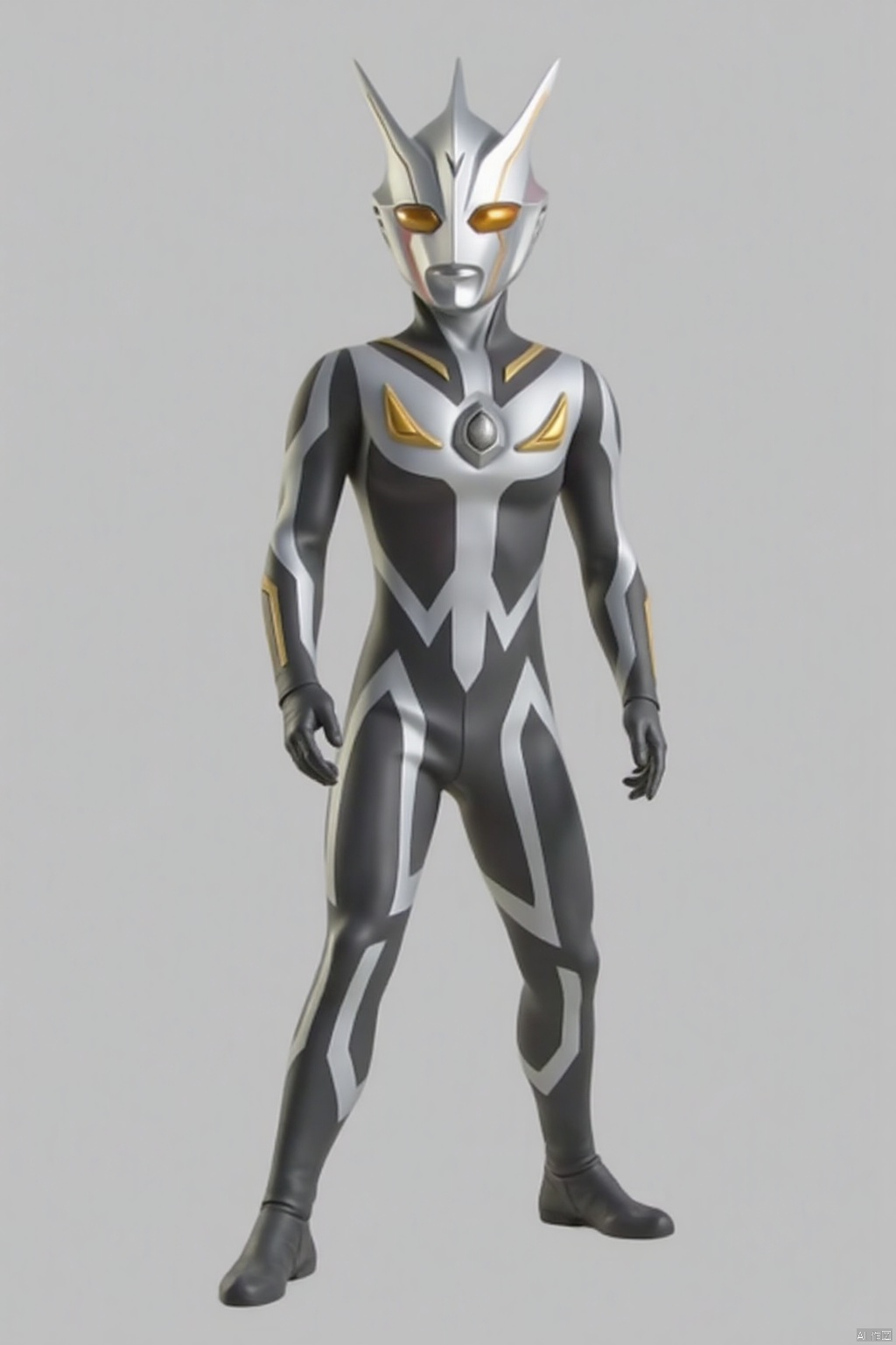 (grey background:1.2),(SOLO:1.4),outline,simple background,(((,standing,looking at viewer,arms at side))),ultraman,bodysuit,gloves,legwear,boots,cover,mask,plugsuit,armor,bodysuit,pattern on body,tight-fitting,helmet,leather suit,latex,tokusatsu,no humans,science fiction,hard mask,no smile,no eyes,no nose,solo,rubber bodysuit with line,alien,yellow_eyes