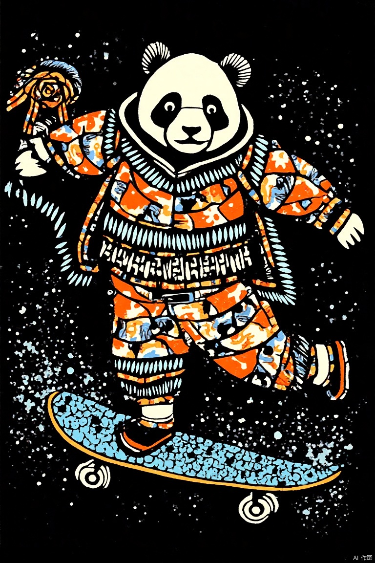 scribble art,ink splatter,wilderness,splash ink painting,abstract,colorful,Vague dreams,Dynamic energy,publish creation,visual impact,modern aesthetic,Elegant and simple,Contemporary interpretation,be bold,black background,Grunge style, A piece of clothing, (Cute panda running on skateboard: 1.2), (There are many official documents and glasses inserted in the back), Hip hop fashion design style, ,The moment when ink splatters,Stir up huge colorful waves,Gorgeous, panoramic, Ultra high saturation, (best quality, masterpiece, Representative work, official art, Professional, 8k),Paper cutting,cgart illustration