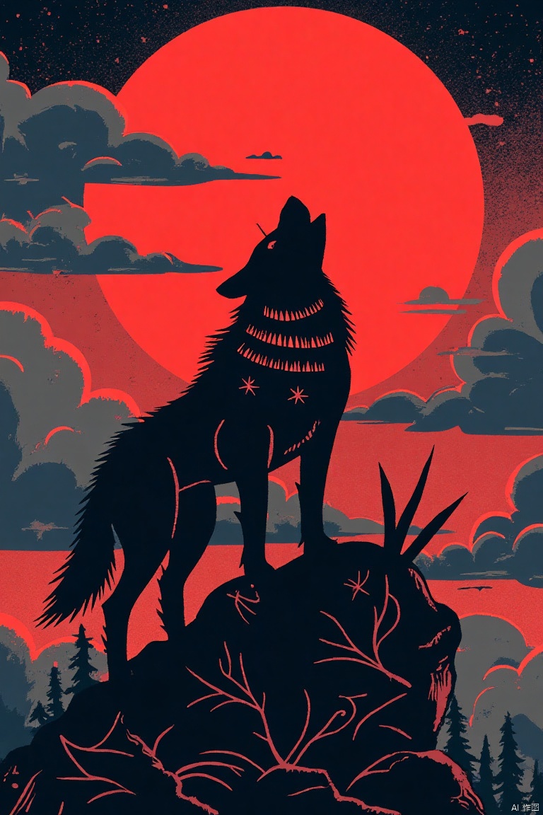 a red moon in the sky, covered with drifting clouds, a wolf solo, standing at the tip top of a rock, wide shot,Paper cutting,cgart illustration