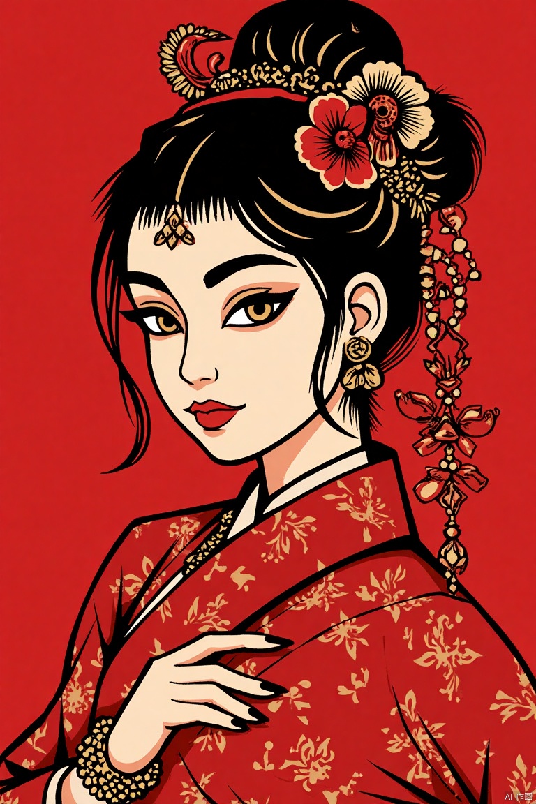 (hyperreal) , (illustration) , (high resolution) , (8K) , (very detailed) , (best illustration) , (beautiful detail eyes) , (best quality) , (super detailed) , (masterpiece) , (wallpaper) , (detail face) , solo, (dynamic pose) , 1 girl, jewelry, clear,anime, sharp, arrogant, arrogant,wearing stylish clothes, fantasy (detailed red background),kongque,fdjz,Paper cutting,cgart illustration