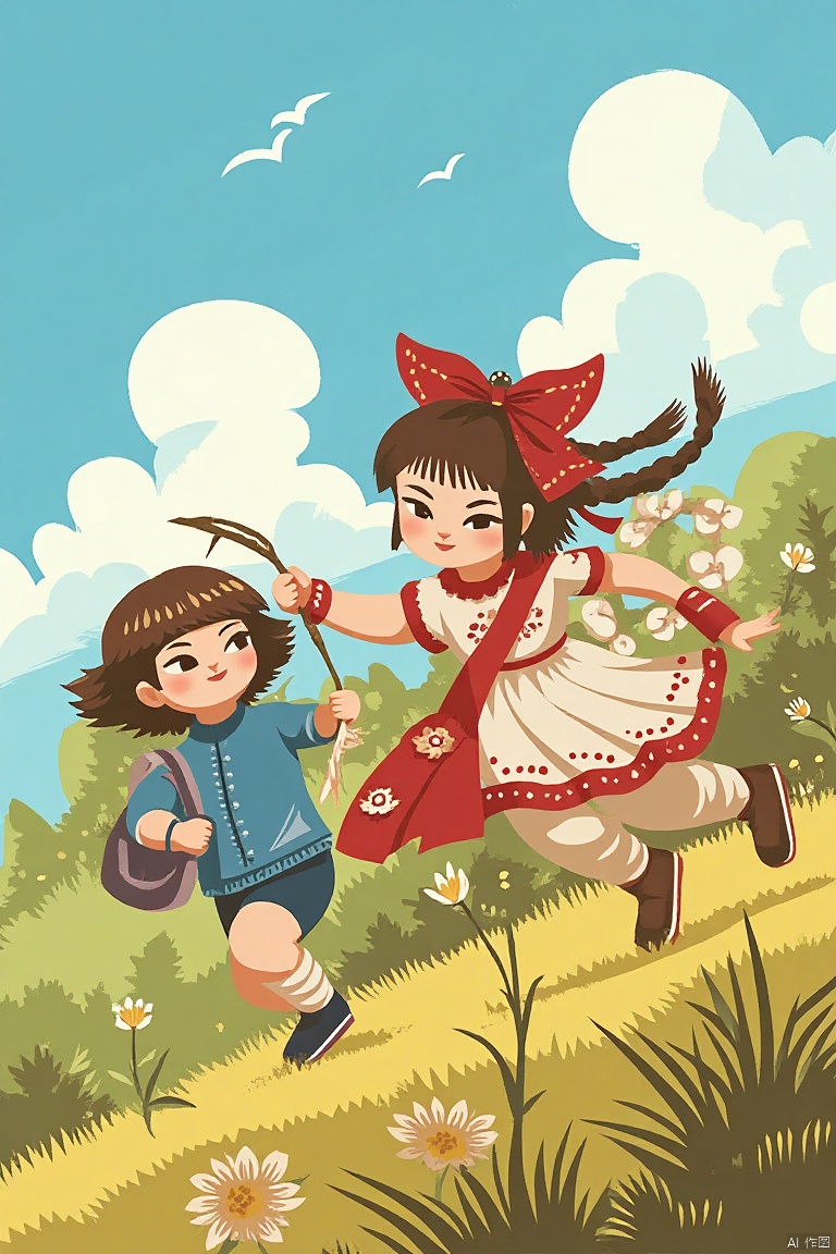 (best quality),(Masterpiece),Illustration,3girl(6yo),wilderness,wind blowing,in spring,landscape,((looking at viewer)),smile,Play,Chase,