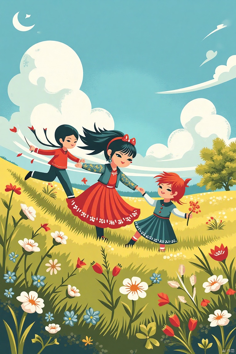 3girl(6yo),wilderness,wind blowing,in spring,landscape,cgart illustration
