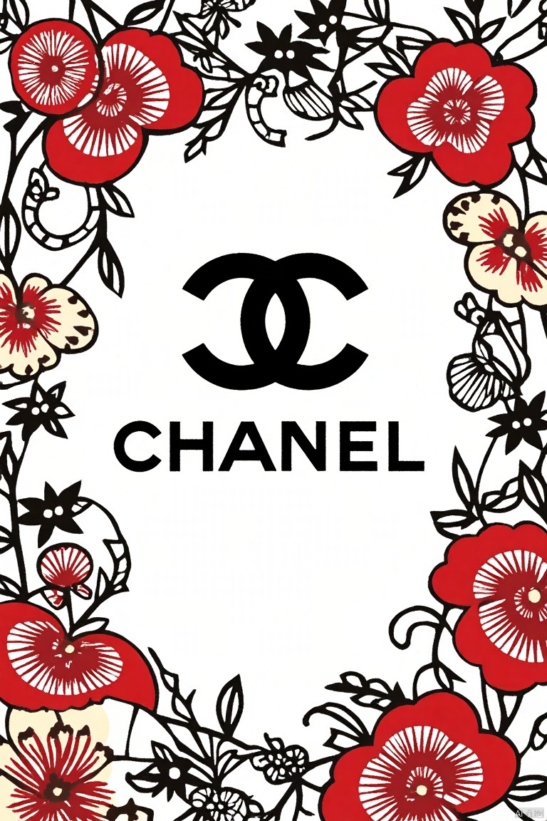 Martin style illustration,Chanel logo, words "CHANEL" text,flowers,cover art,