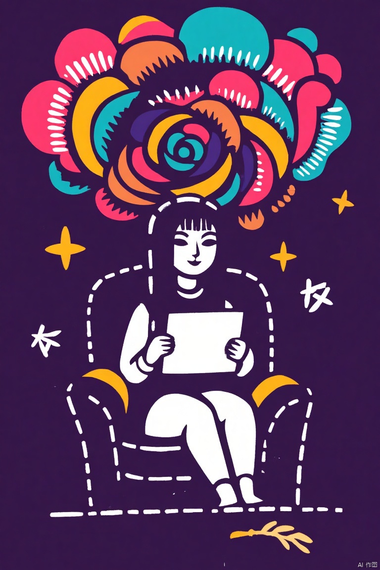 renyu Color spot,renyu Color spot,Flat style digital illustration,In the colorful image,a girl with white skin and long hair sits in the center of the frame,her posture relaxed,playing with a tablet computer. Her expression is focused and slightly mysterious,as if she is completely lost in her own world,The background is dark purple,the background is covered with various colors of fluid color blocks,they are gathered in the center a vortex,this exaggerated color collocation adds a surreal feeling to the whole scene. The visual performance of this picture is extremely outstanding,and the strong color contrast and exaggerated background design make the viewer's eyes instantly attracted. The contrast between the girl and the background not only highlights her presence,but also creates a unique visual impact that impresses people,full of creativity and imagination,Minimalism illustration, flat color