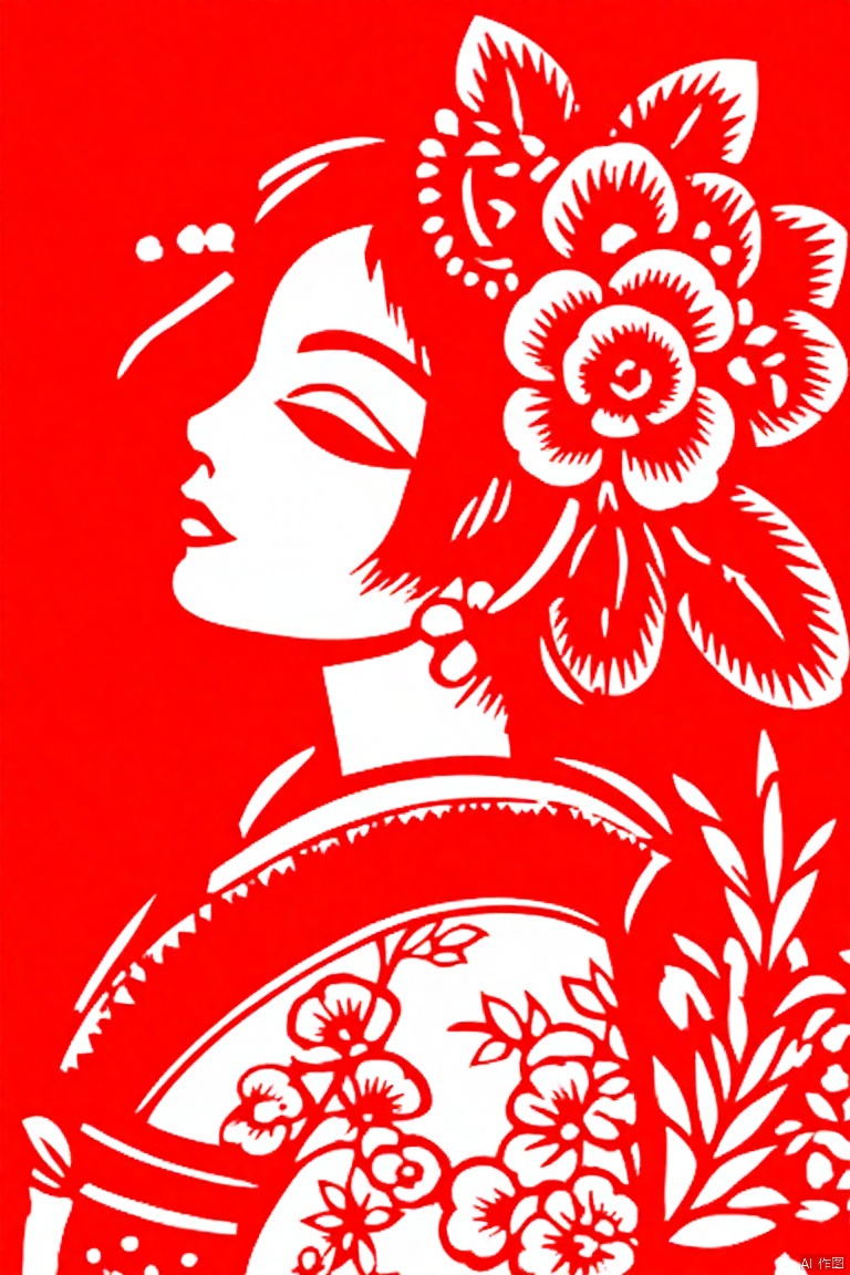 1girl, solo, hair ornament, closed eyes, upper body, flower, red hair, japanese clothes, hair flower, kimono, lips, profile, red background, red theme,paper cut