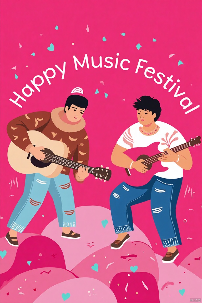renyu Color spot,renyu Color spot,of a vibrant digital illustration,In this picture, presented in flat style, we are transported into a scene full of energy and musical atmosphere. It was the scene of a music festival, and three young men were strumming their guitars with rapt attention, some in overpants, some in hats, some in printed T-shirts, a gesture of concentration and commitment that filled every note with emotion. They play a beautiful melody together. The background is composed of pink and magenta interwoven color blocks, which are dotted with small cyan hearts, and at the top is the message "Happy Music Festival" written in English white font,Minimalism illustration, flat color